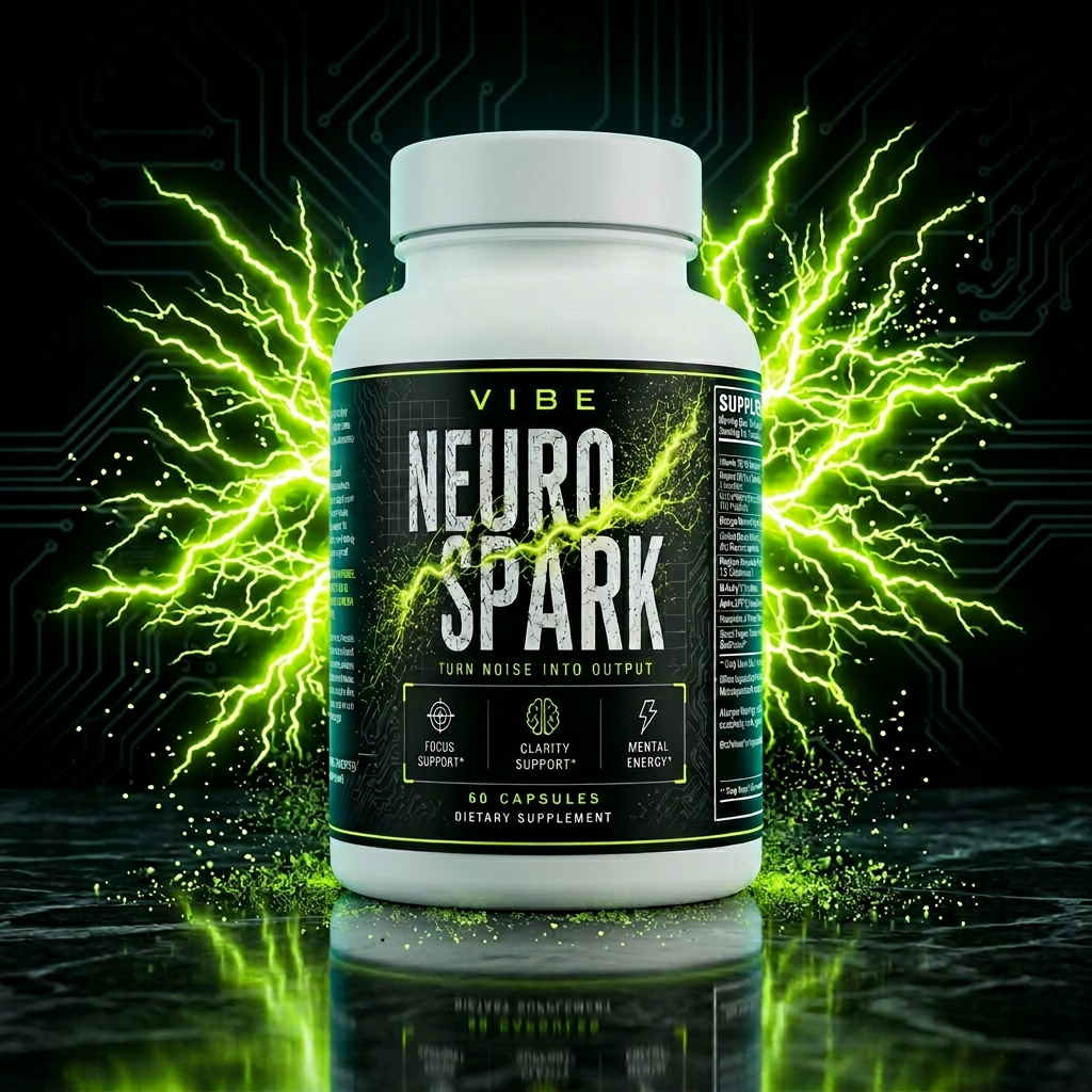 NeuroSpark by Vibe — premium nootropic focus support supplement bottle with neon green lightning